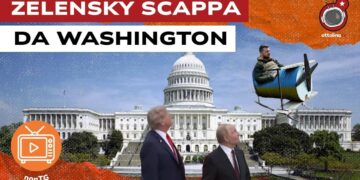 Campidoglio a Washington. Donald Trump e Vladimir Putin guardano Volodymyr Zelensky allontanarsi su un aereo giocattolo