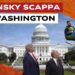 Campidoglio a Washington. Donald Trump e Vladimir Putin guardano Volodymyr Zelensky allontanarsi su un aereo giocattolo