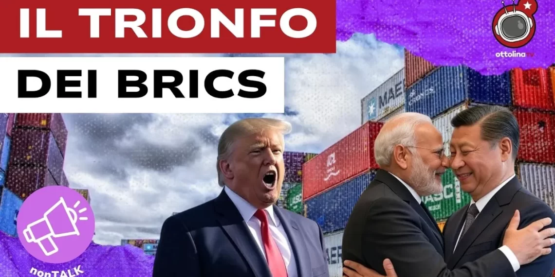 Containers impilati. Donald Trump, Narendra Modi e Xi Jinping in primo piano