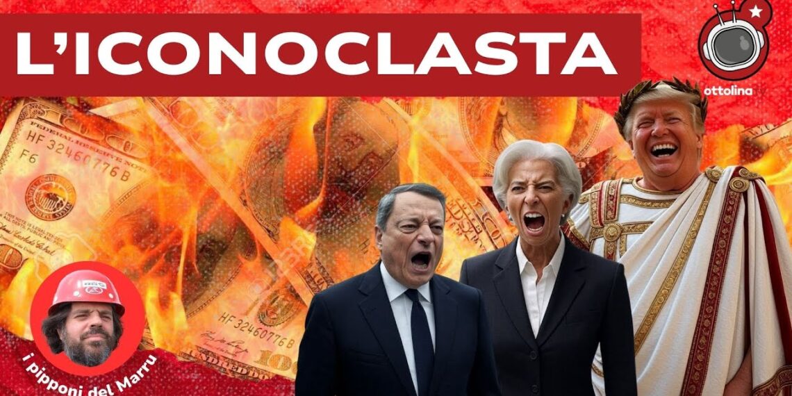 Dollari in fiamme. Christin Lagarde e Mario Draghi che urlano e Donald Trump vestito da imperatore in primo piano