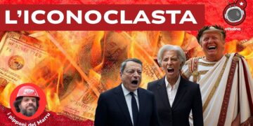 Dollari in fiamme. Christin Lagarde e Mario Draghi che urlano e Donald Trump vestito da imperatore in primo piano