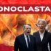 Dollari in fiamme. Christin Lagarde e Mario Draghi che urlano e Donald Trump vestito da imperatore in primo piano