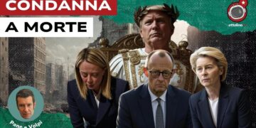 Donald Trump vestito da imperatore romano. Giorgia Meloni, Friedrich Merz e Ursula von der Leyen in atteggiamento sottomesso