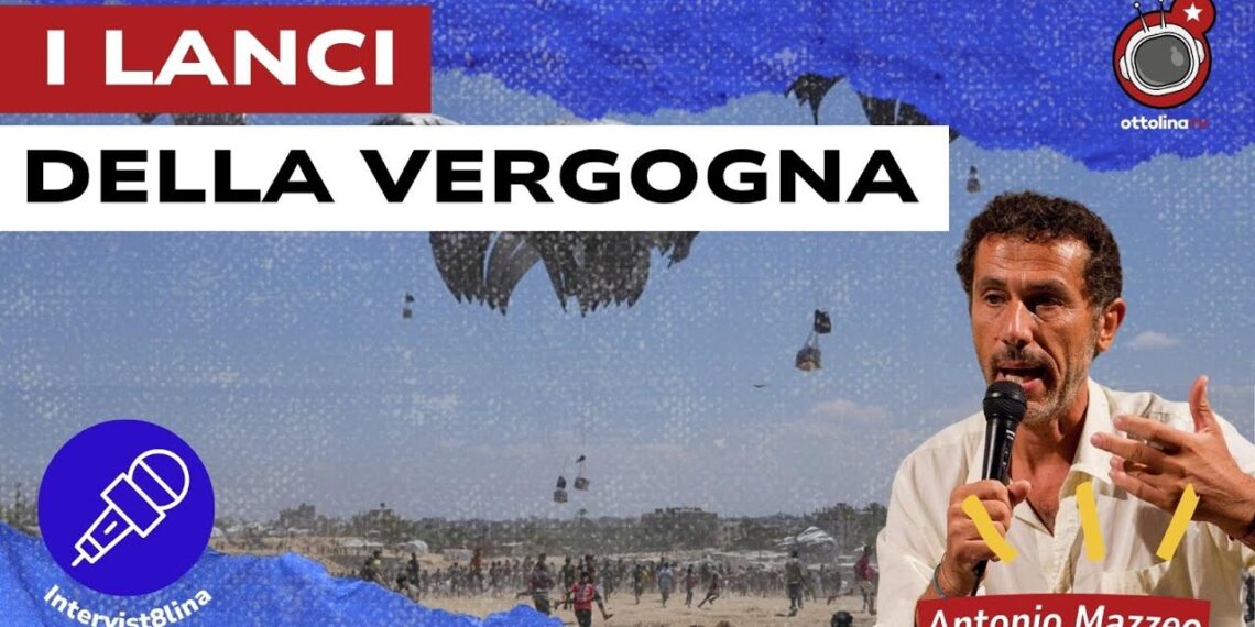 Lancio di viveri con i paracadute a Gaza. Antonio Mazzeo in primo piano