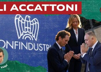 Logo di Confindustria. John Elkann, Giorgia Meloni e Emanuele Orsini in primo piano