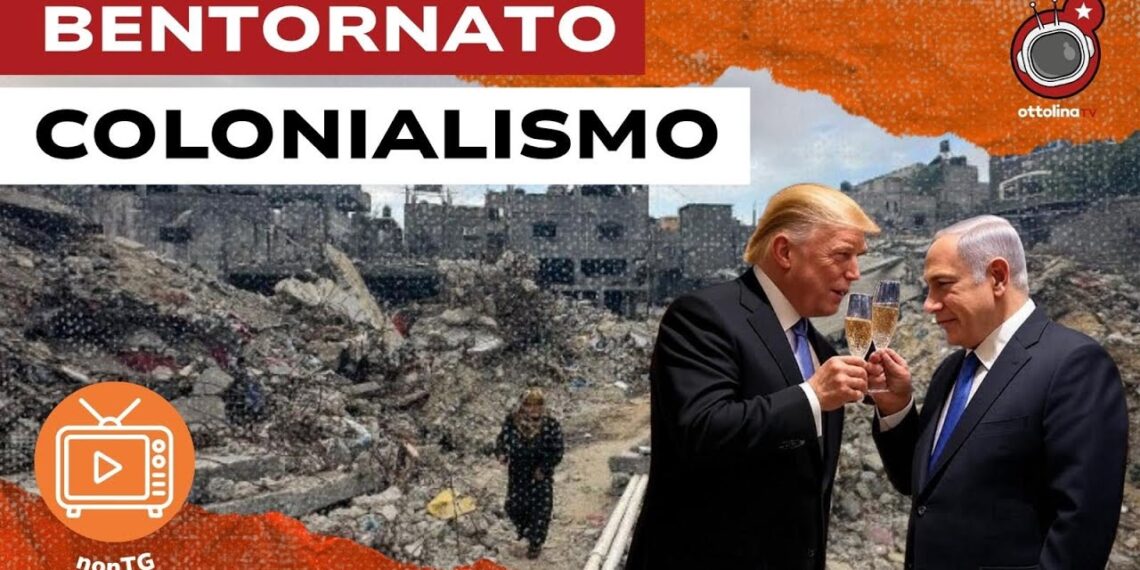 Macerie di Gaza. Donald Trump e Benjamin Netanhyau brindano in primo piano