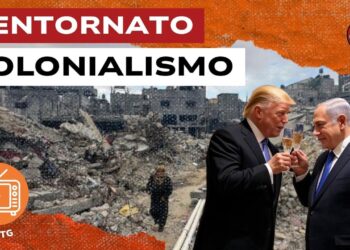 Macerie di Gaza. Donald Trump e Benjamin Netanhyau brindano in primo piano