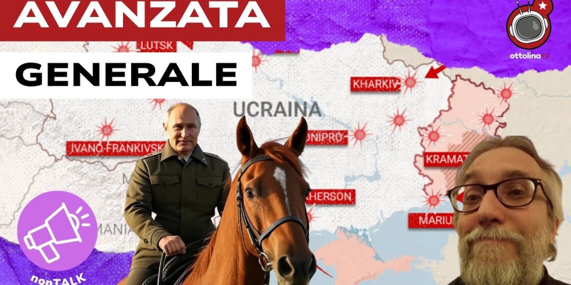 Mappa del fronte russo-ucraino. Vladimir Putin a cavallo in divisa militare. Francesco dall'Aglio in primo piano