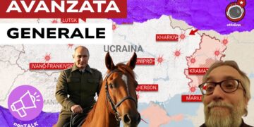 Mappa del fronte russo-ucraino. Vladimir Putin a cavallo in divisa militare. Francesco dall'Aglio in primo piano