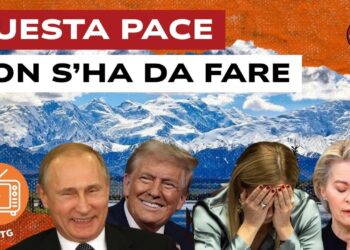 Montagne innevate dell'Alaska. Vladimir Putin e Donald Trump sorridenti e Giorgia Meloni e Ursula von del Leyen disperate in primo piano