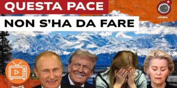 Montagne innevate dell'Alaska. Vladimir Putin e Donald Trump sorridenti e Giorgia Meloni e Ursula von del Leyen disperate in primo piano