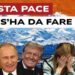 Montagne innevate dell'Alaska. Vladimir Putin e Donald Trump sorridenti e Giorgia Meloni e Ursula von del Leyen disperate in primo piano
