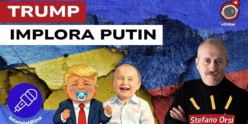Muro sgretolato con le bandiere di Russia e Ucraina. Vladimir Putin bambino ride. Donald Trump bambino piange. Stefano Orsi in primo piano