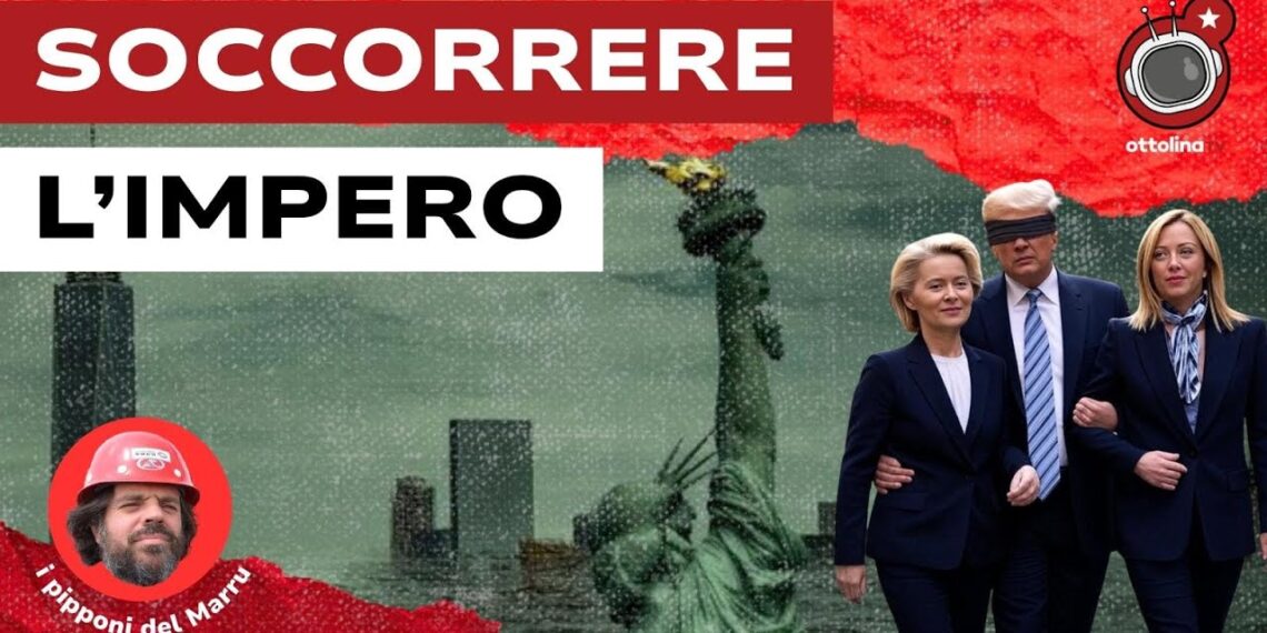 New York vista dalla statua della libertà. Ursula von der Leyen, Donald Trump bendato e Giorgia Meloni in primo piano