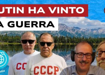 Paesaggio dell'Alaska con Vladimir Putin e Sergej Lavrov con la felpa CCCP. Stefano Orsi e Francesco dall'Aglio in primo piano