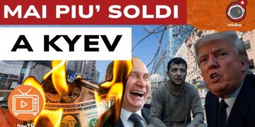 Paesaggio urbano. Vladimir Putin, Volodymyr Zelensky vestito da accattone e Donald Trump in primo piano
