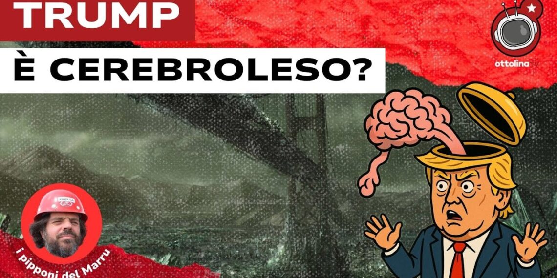 Ponte di Brooklin in disfacimento in un paesaggio apocalittico. Disegno di Donald Trump con il cervello che esce dalla scatola cranica in primo piano