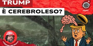 Ponte di Brooklin in disfacimento in un paesaggio apocalittico. Disegno di Donald Trump con il cervello che esce dalla scatola cranica in primo piano