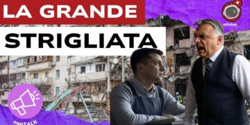 Quartiere bombardato. Victor Orban urla verso Volodymyr Zelensky in primo piano