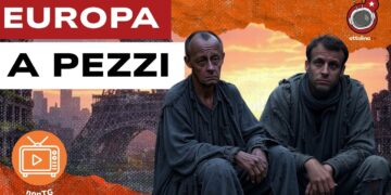 Torre Eiffel in decadimento. Friedrich Merz e Emmanuel Macron vestiti da pezzenti in primo piano