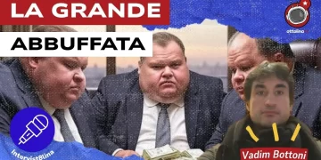 Uomo obeso in giacca e cravatta in tre atteggiamenti davanti a una montagna di dollari. Vadim Bottoni in primo piano