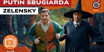 Volodymyr Zelensky inseguito da Vladimir Putin vestito da stregone