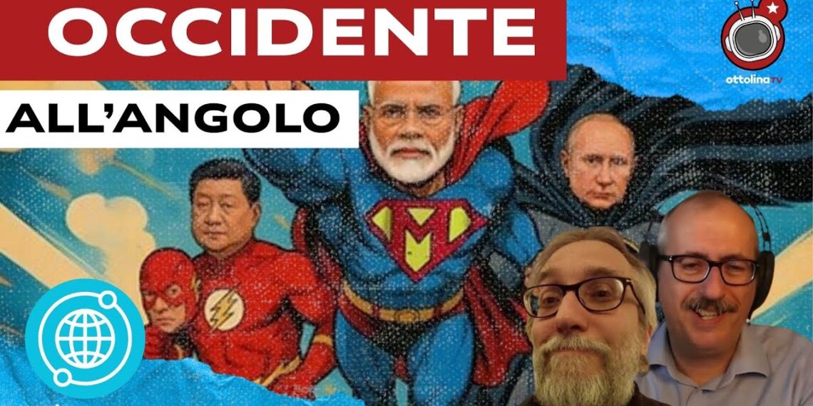 Xi Jinping, Narendra Modi e Vladimir Putin vestiti da supereroi. Francesco dall'Aglio e Stefano Orsi in primo piano