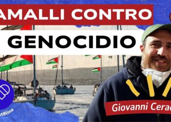 Barche battenti bandiere palestinesi. Giovanni Ceraolo in primo piano