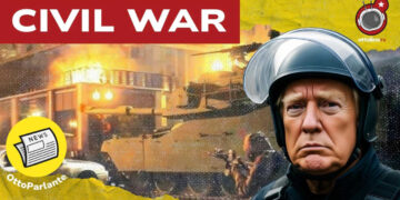Carro armato in contesto urbano. Donald Trump in tenuta anti-sommossa