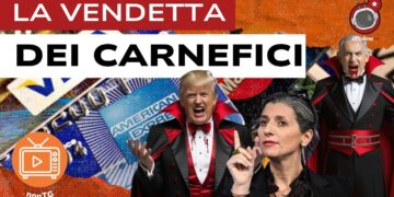 Carte di credito. Donald Trump e Benjamin Netanyau vampiri e Francesca Albanese in primo piano