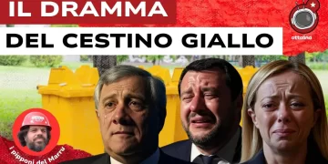 Cestini dei rifiuti gialli. Antonio Tajani, Matteo Salvini e Giorgia Meloni in lacrime in primo piano