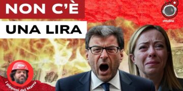 Denaro in fiamme. In primo piano Giancarlo Giorgetti che urla e Giorgia Meloni che piange
