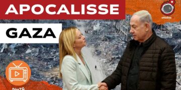 Macerie di Gaza. Giorgia Meloni stringe la mano a Benjamin Netanhyau in primo piano