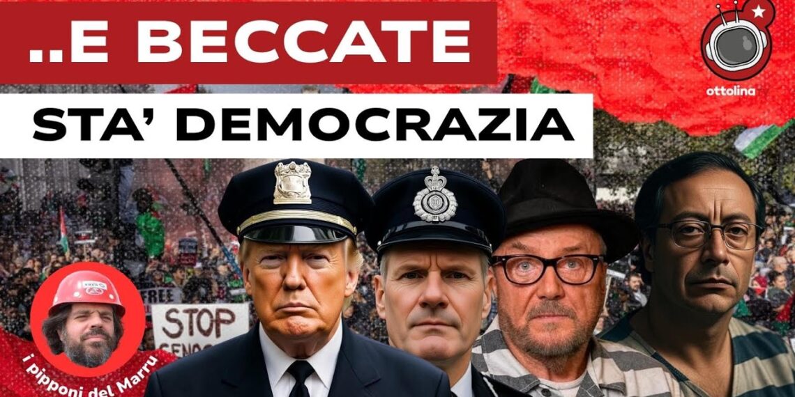 Manifestazione proPal. Donald Trump e Keir Starmer vestiti da tutori dell'ordine, George Galloway e Gustavo Petro in primo piano