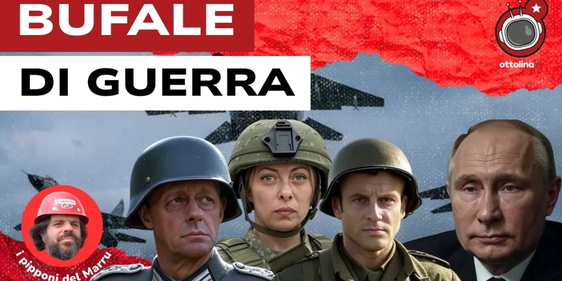 Mig russi. Friedrich Merz, Giorgia Meloni e Emmanuel Macron vestiti da militari e Vladimir Putin In primo piano