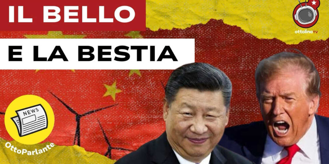 Pale eoliche su sfondo rosso. Xi Jinping e Donald Trump in primo piano