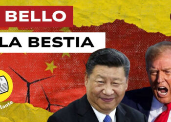 Pale eoliche su sfondo rosso. Xi Jinping e Donald Trump in primo piano