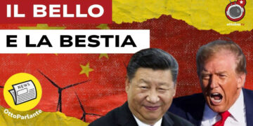Pale eoliche su sfondo rosso. Xi Jinping e Donald Trump in primo piano