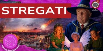 Panorama di Gaza distrutta. Donald Trump, Giorgia Meloni, Ursula von der Leyen e Kaja Kallas in abiti fantasy in primo piano