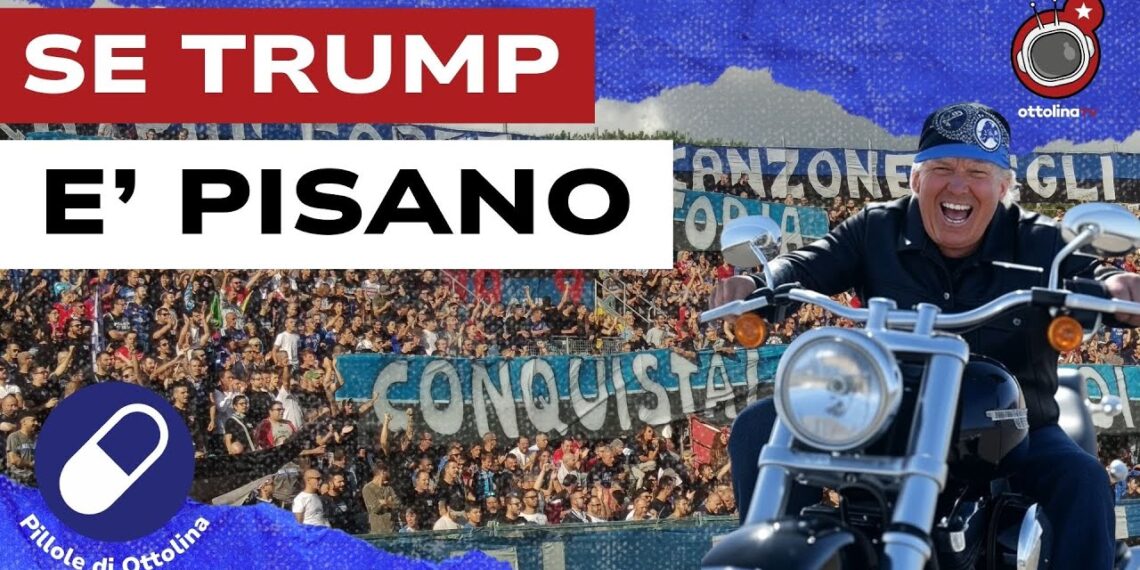 Tifosi allo stadio. Donald Trump motociclista in primo piano