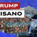 Tifosi allo stadio. Donald Trump motociclista in primo piano