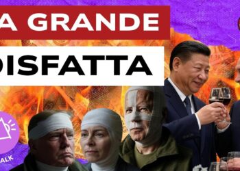 Xi Jinping e Vladimir Putin brindano. In primo piano Donald Trump, Ursula von der Leyen e Joe Biden con le teste fasciate