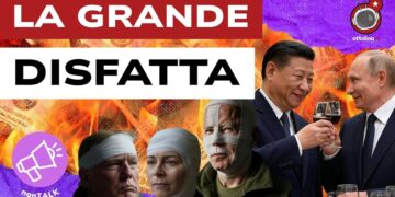 Xi Jinping e Vladimir Putin brindano. In primo piano Donald Trump, Ursula von der Leyen e Joe Biden con le teste fasciate