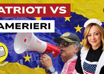 Bandiera europea. Gustavo Petro e Giorgia Meloni vestita da cameriera in primo piano