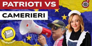Bandiera europea. Gustavo Petro e Giorgia Meloni vestita da cameriera in primo piano