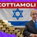 Benjamin Netanhyau con la pandiera israeliana alle spalle e circondato da lingotti d'oro