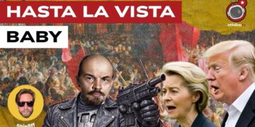 Dipinto raffigurante la rivoluzione. Vladimir Lenin con una pistola, Ursula von der Leyen e Donald Trump in primo piano