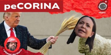 Donald Trump con un mazzo di spighe. Maria Corina Machado con il corpo da pecora
