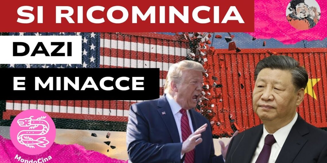 Due container, uno americano e uno cinese, collidono. In primo piano Donald Trump e Xi Jinping