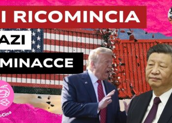 Due container, uno americano e uno cinese, collidono. In primo piano Donald Trump e Xi Jinping